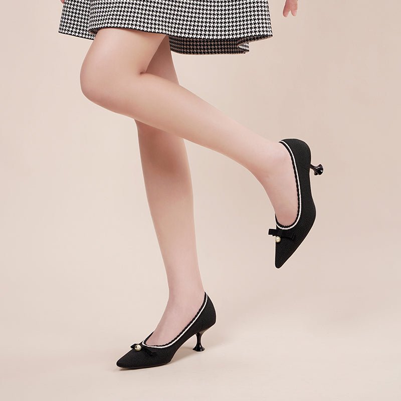 Parisian Pearl Bow Kitten Heels – Pointed Toe Wine Glass Knit Pumps