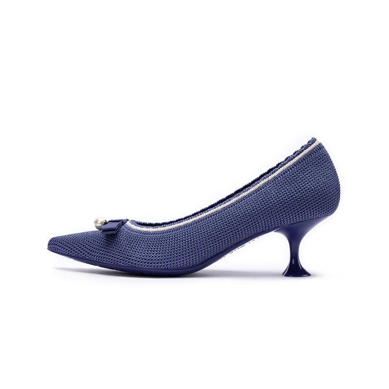 Parisian Pearl Bow Kitten Heels – Pointed Toe Wine Glass Knit Pumps