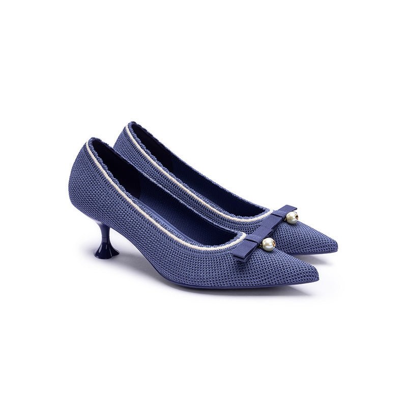 Parisian Pearl Bow Kitten Heels – Pointed Toe Wine Glass Knit Pumps