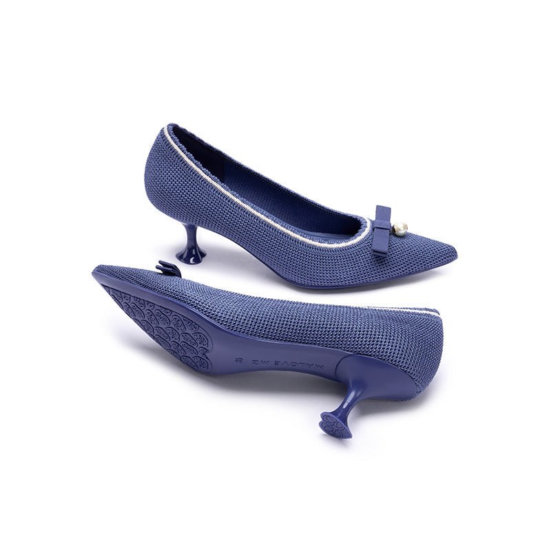 Parisian Pearl Bow Kitten Heels – Pointed Toe Wine Glass Knit Pumps