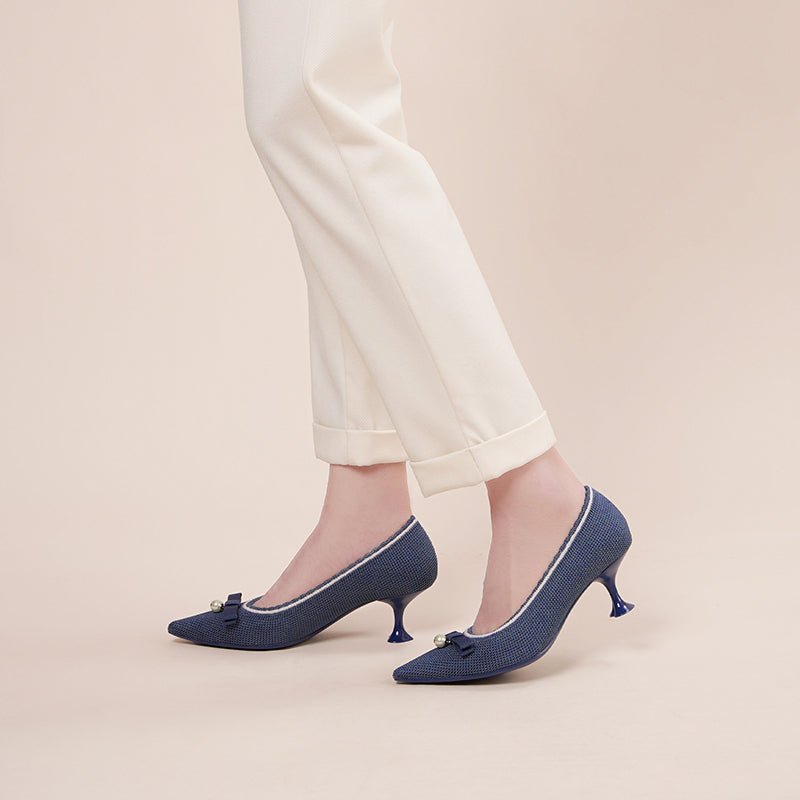 Parisian Pearl Bow Kitten Heels – Pointed Toe Wine Glass Knit Pumps