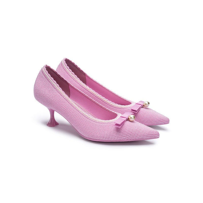 Parisian Pearl Bow Kitten Heels – Pointed Toe Wine Glass Knit Pumps