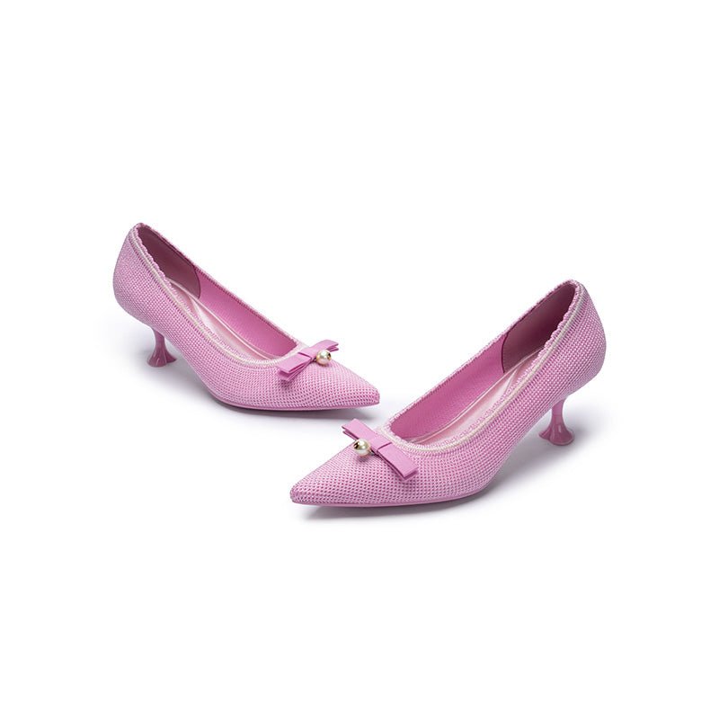 Parisian Pearl Bow Kitten Heels – Pointed Toe Wine Glass Knit Pumps