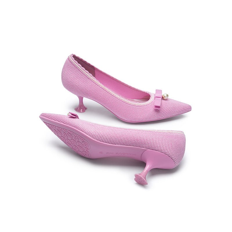 Parisian Pearl Bow Kitten Heels – Pointed Toe Wine Glass Knit Pumps