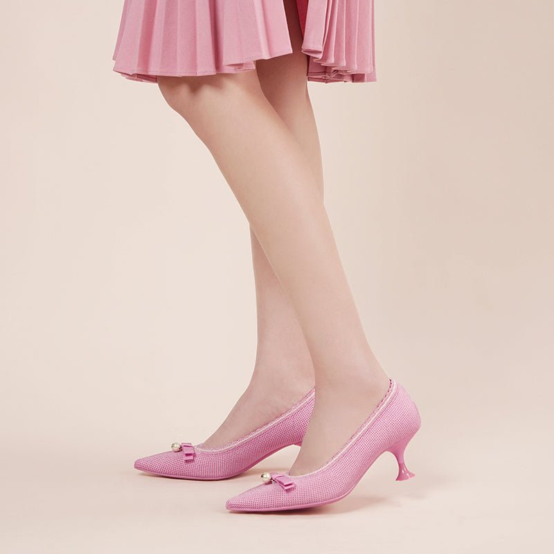 Parisian Pearl Bow Kitten Heels – Pointed Toe Wine Glass Knit Pumps