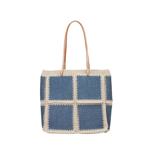 Patchwork Denim-Look Cowhide Leather Tote