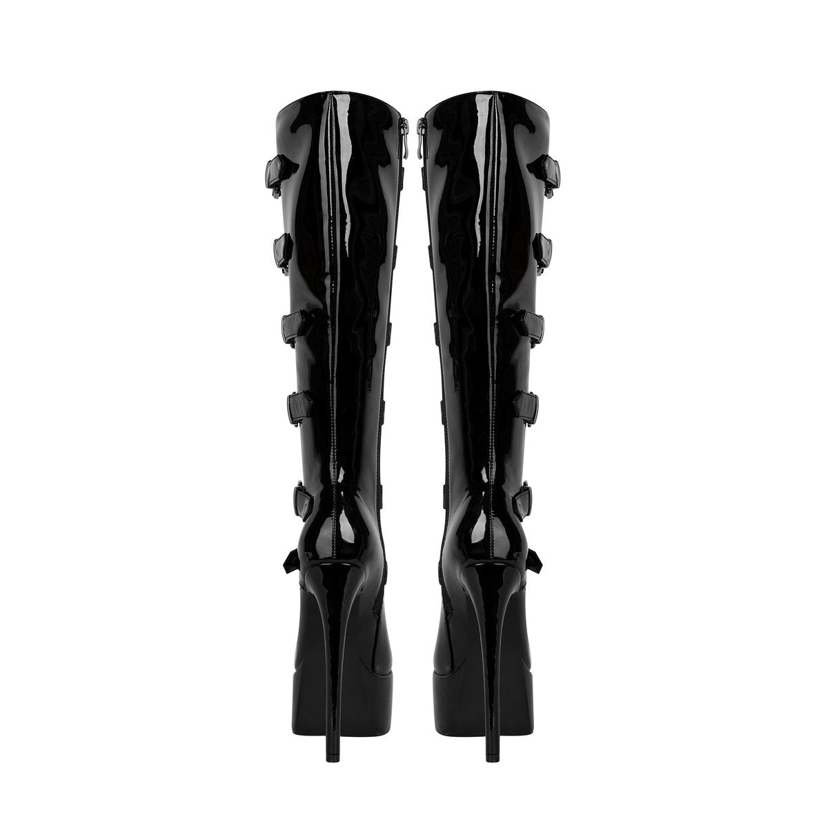 Patent Buckle Knee High Platform Boots with Lace Up Stiletto Heel
