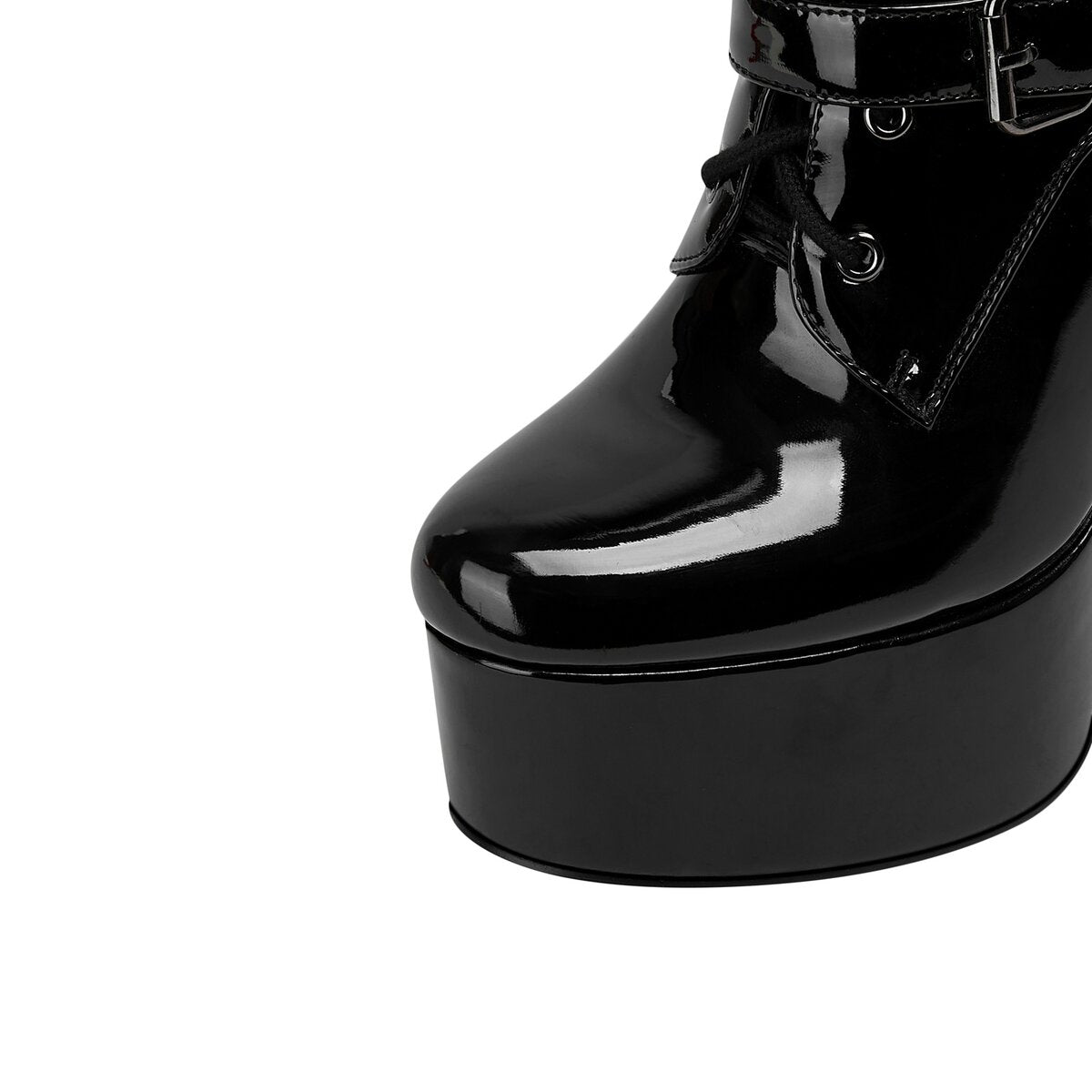 Patent Buckle Knee High Platform Boots with Lace Up Stiletto Heel