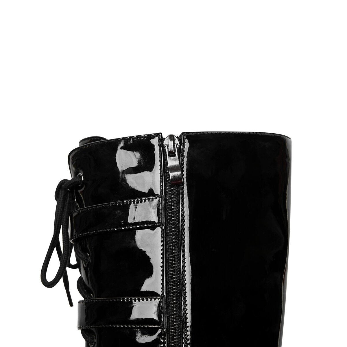 Patent Buckle Knee High Platform Boots with Lace Up Stiletto Heel