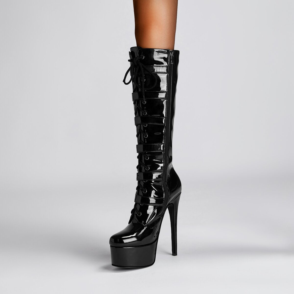 Patent Buckle Knee High Platform Boots with Lace Up Stiletto Heel