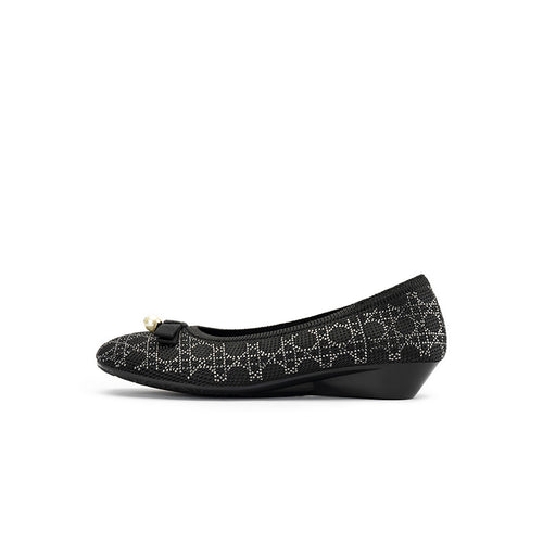 Pearl Bow Czech Crystal Knit Round Toe Wedge Pumps – French Sparkle Work Shoes