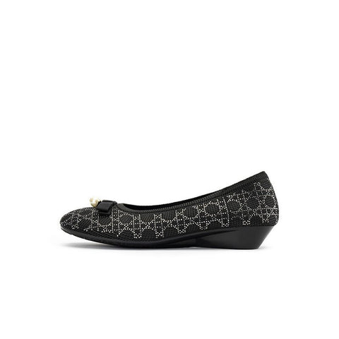 Pearl Bow Czech Crystal Knit Round Toe Wedge Pumps – French Sparkle Work Shoes