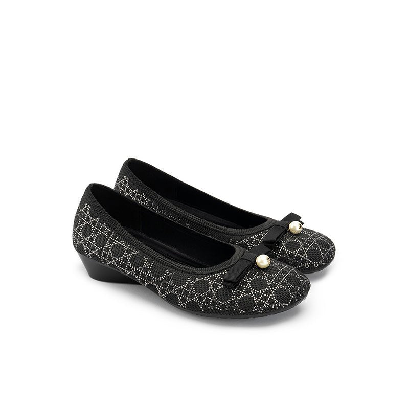 Pearl Bow Czech Crystal Knit Round Toe Wedge Pumps – French Sparkle Work Shoes
