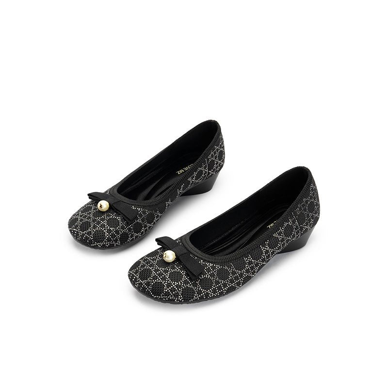 Pearl Bow Czech Crystal Knit Round Toe Wedge Pumps – French Sparkle Work Shoes