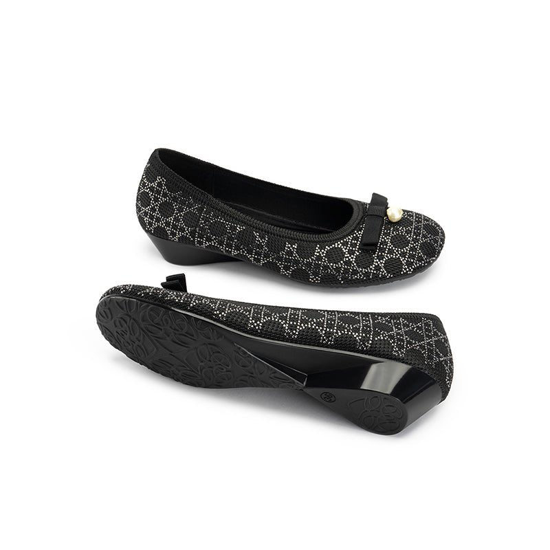 Pearl Bow Czech Crystal Knit Round Toe Wedge Pumps – French Sparkle Work Shoes