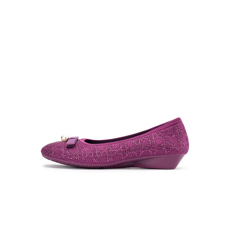 Pearl Bow Czech Crystal Knit Round Toe Wedge Pumps – French Sparkle Work Shoes