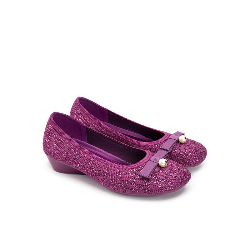 Pearl Bow Czech Crystal Knit Round Toe Wedge Pumps – French Sparkle Work Shoes