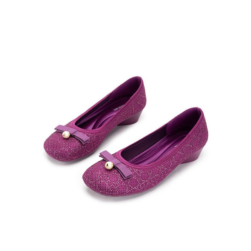 Pearl Bow Czech Crystal Knit Round Toe Wedge Pumps – French Sparkle Work Shoes