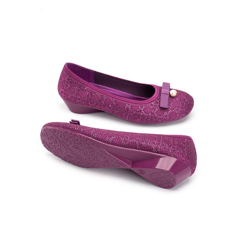 Pearl Bow Czech Crystal Knit Round Toe Wedge Pumps – French Sparkle Work Shoes