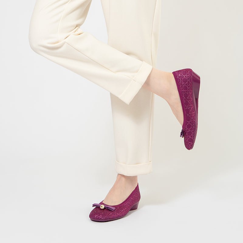 Pearl Bow Czech Crystal Knit Round Toe Wedge Pumps – French Sparkle Work Shoes