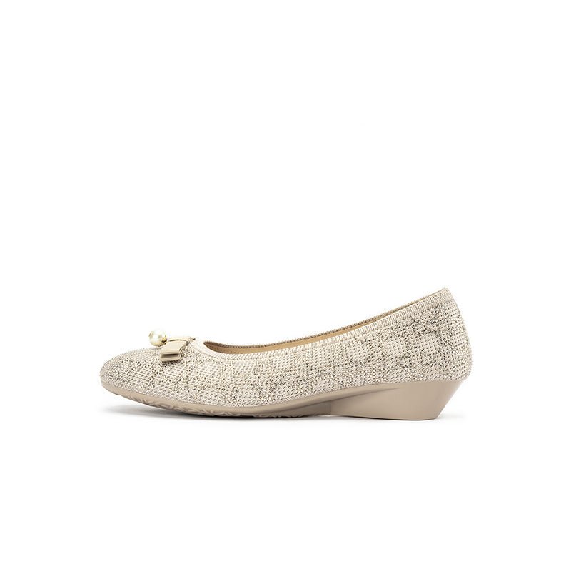 Pearl Bow Czech Crystal Knit Round Toe Wedge Pumps – French Sparkle Work Shoes