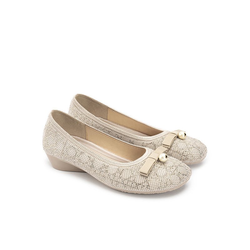Pearl Bow Czech Crystal Knit Round Toe Wedge Pumps – French Sparkle Work Shoes