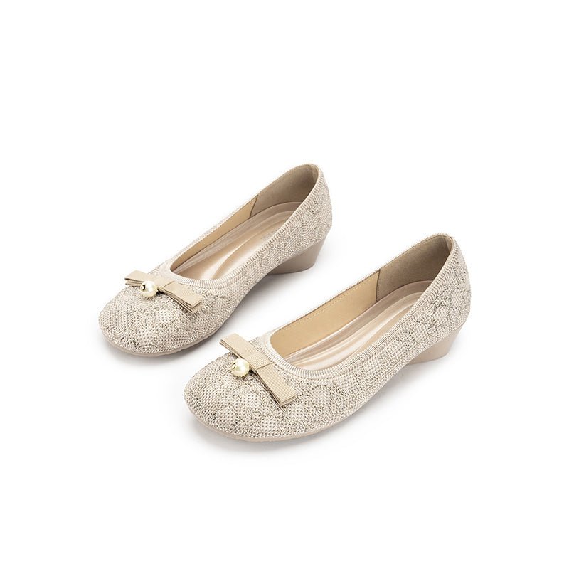 Pearl Bow Czech Crystal Knit Round Toe Wedge Pumps – French Sparkle Work Shoes