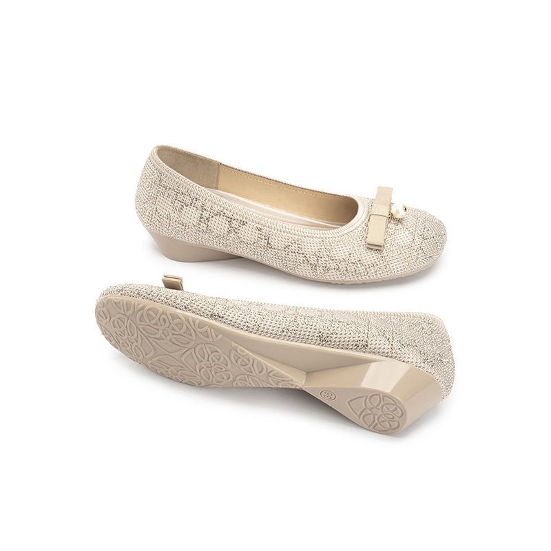 Pearl Bow Czech Crystal Knit Round Toe Wedge Pumps – French Sparkle Work Shoes