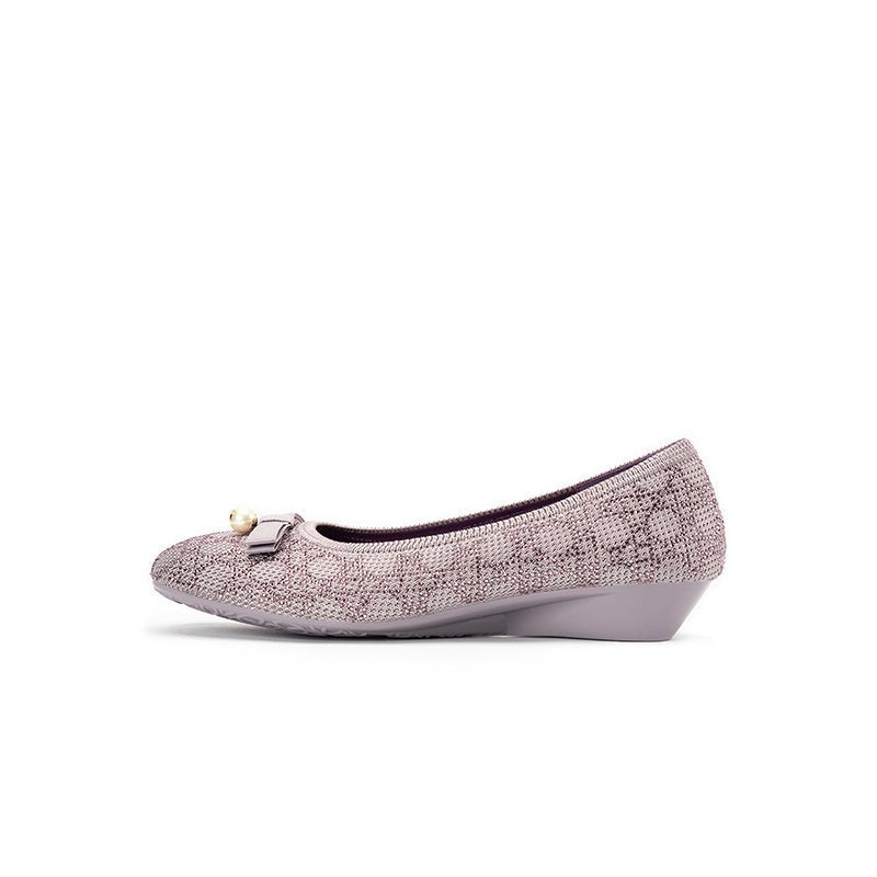 Pearl Bow Czech Crystal Knit Round Toe Wedge Pumps – French Sparkle Work Shoes