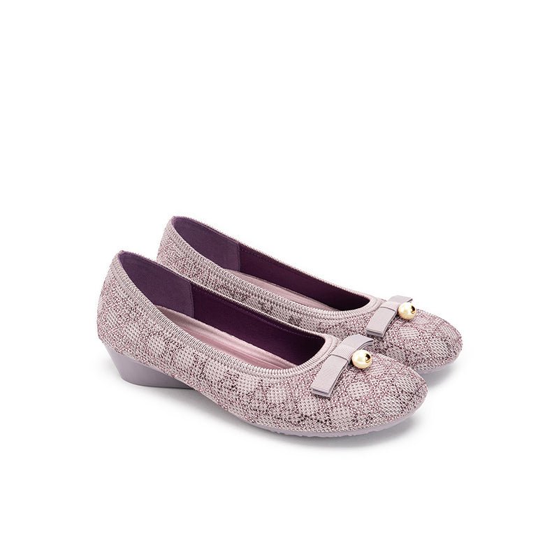 Pearl Bow Czech Crystal Knit Round Toe Wedge Pumps – French Sparkle Work Shoes