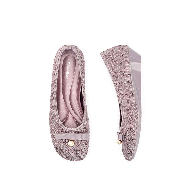 Pearl Bow Czech Crystal Knit Round Toe Wedge Pumps – French Sparkle Work Shoes