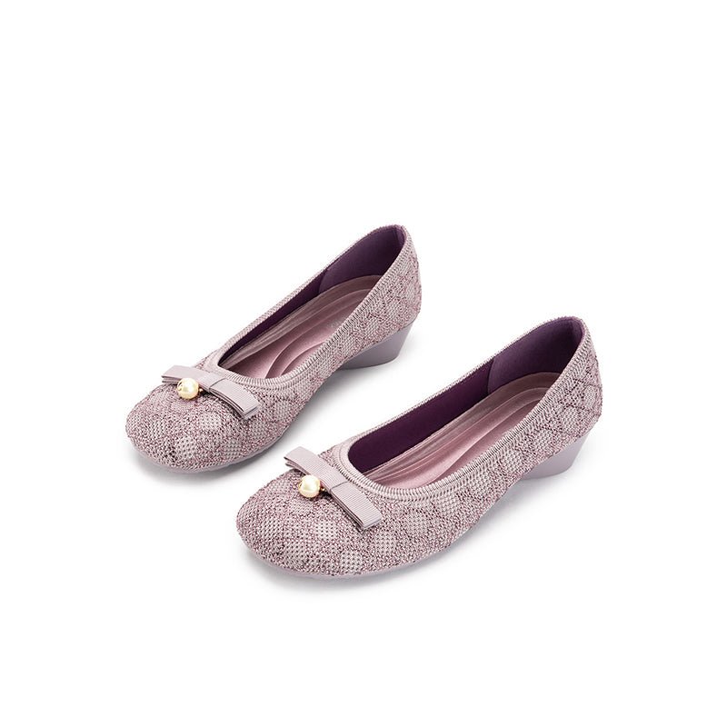 Pearl Bow Czech Crystal Knit Round Toe Wedge Pumps – French Sparkle Work Shoes