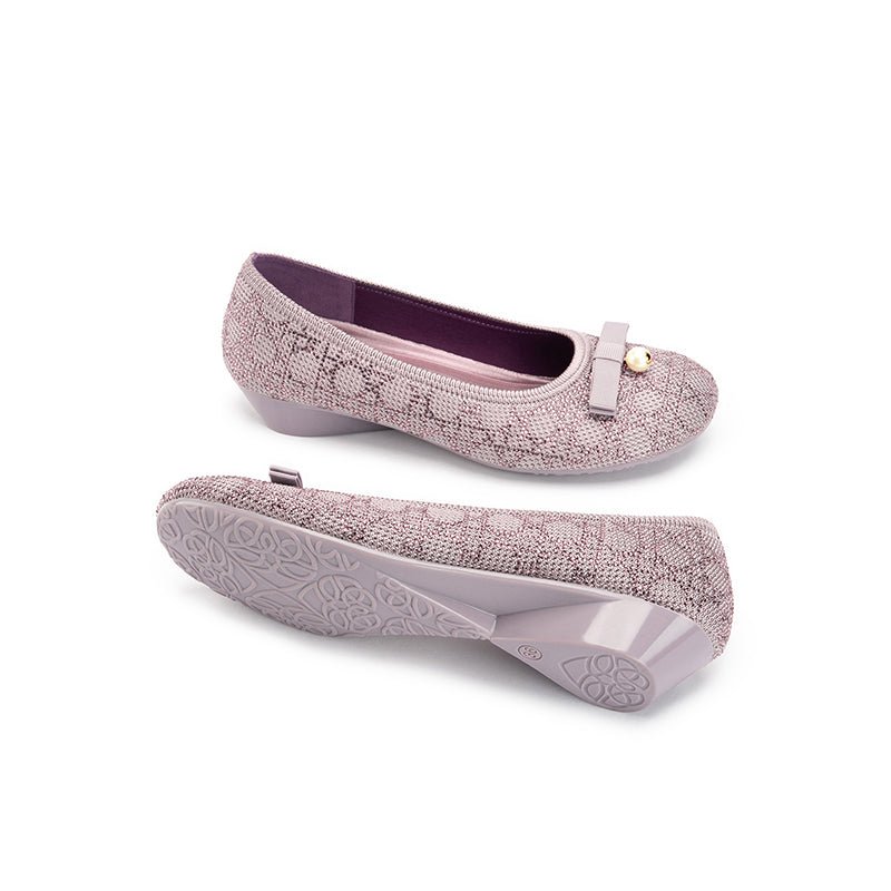 Pearl Bow Czech Crystal Knit Round Toe Wedge Pumps – French Sparkle Work Shoes