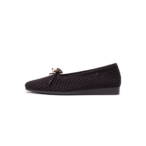 Pearl Bow Heart Mesh Knit Round Toe Wedge Flats – Washable Eco Work Shoes