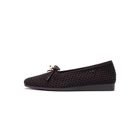 Pearl Bow Heart Mesh Knit Round Toe Wedge Flats – Washable Eco Work Shoes