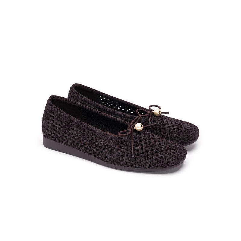 Pearl Bow Heart Mesh Knit Round Toe Wedge Flats – Washable Eco Work Shoes