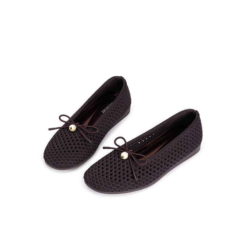 Pearl Bow Heart Mesh Knit Round Toe Wedge Flats – Washable Eco Work Shoes