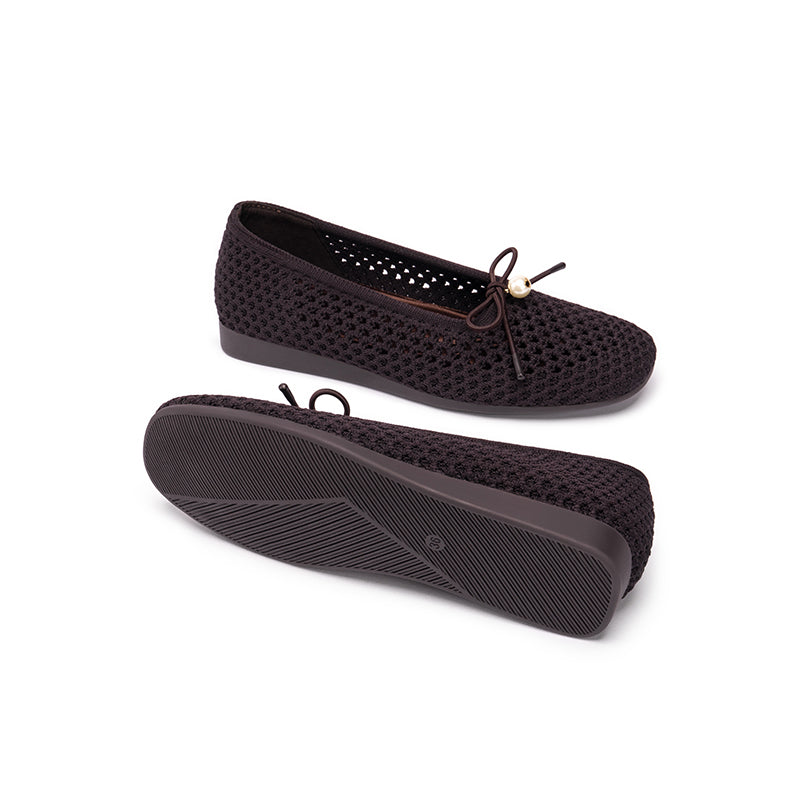 Pearl Bow Heart Mesh Knit Round Toe Wedge Flats – Washable Eco Work Shoes