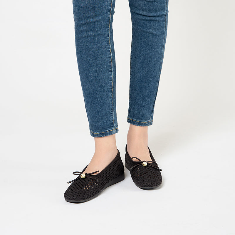 Pearl Bow Heart Mesh Knit Round Toe Wedge Flats – Washable Eco Work Shoes