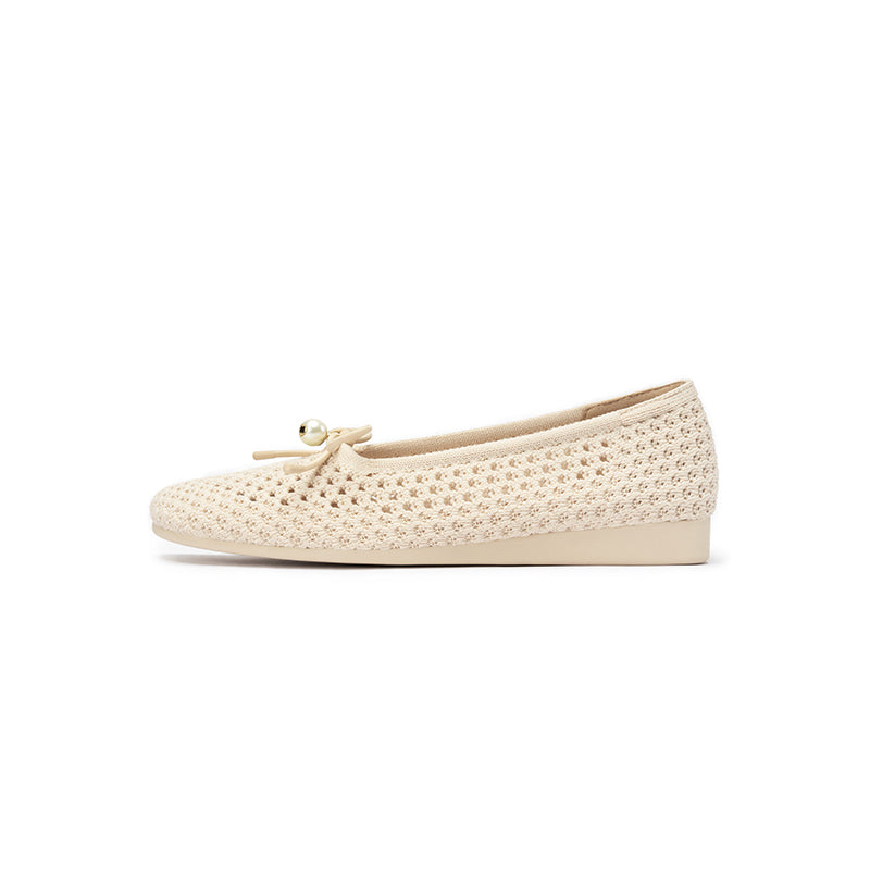 Pearl Bow Heart Mesh Knit Round Toe Wedge Flats – Washable Eco Work Shoes