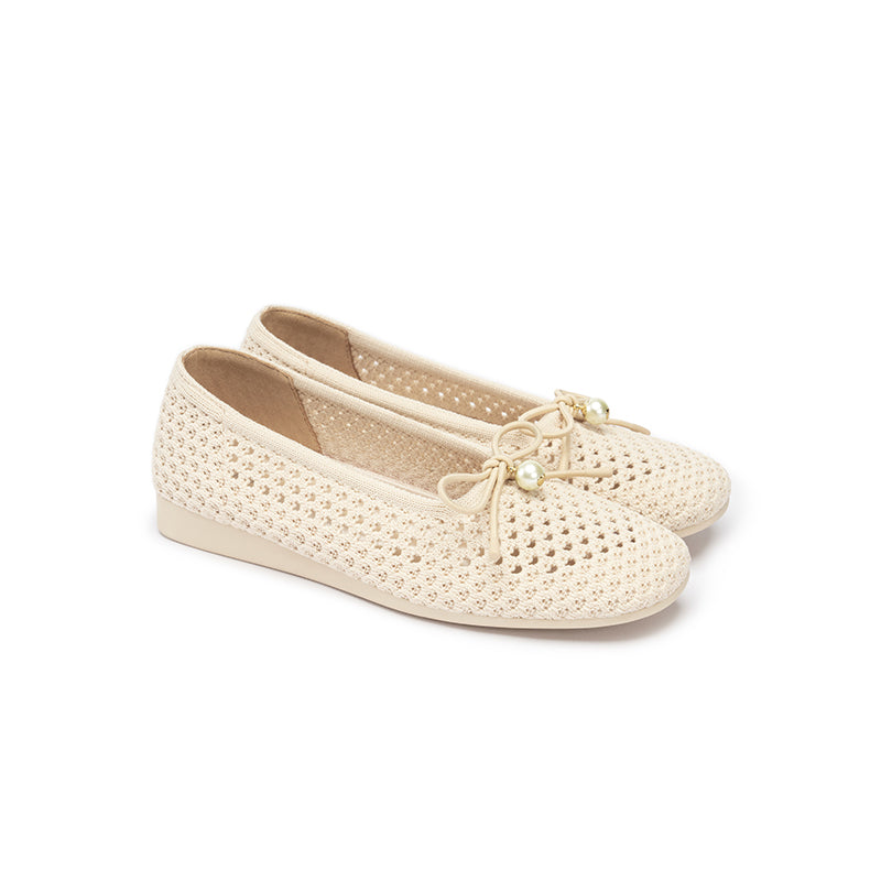 Pearl Bow Heart Mesh Knit Round Toe Wedge Flats – Washable Eco Work Shoes