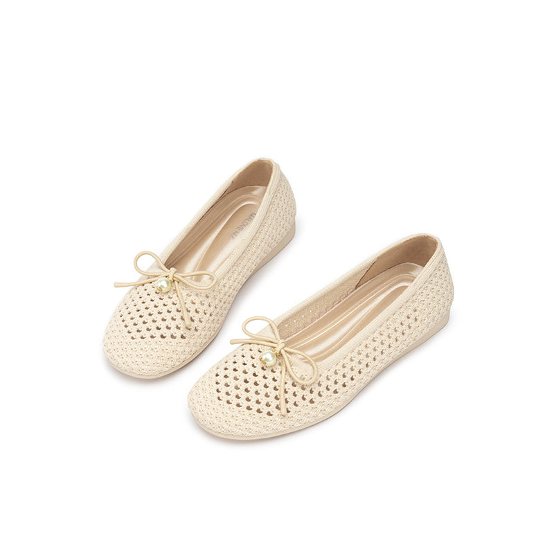 Pearl Bow Heart Mesh Knit Round Toe Wedge Flats – Washable Eco Work Shoes