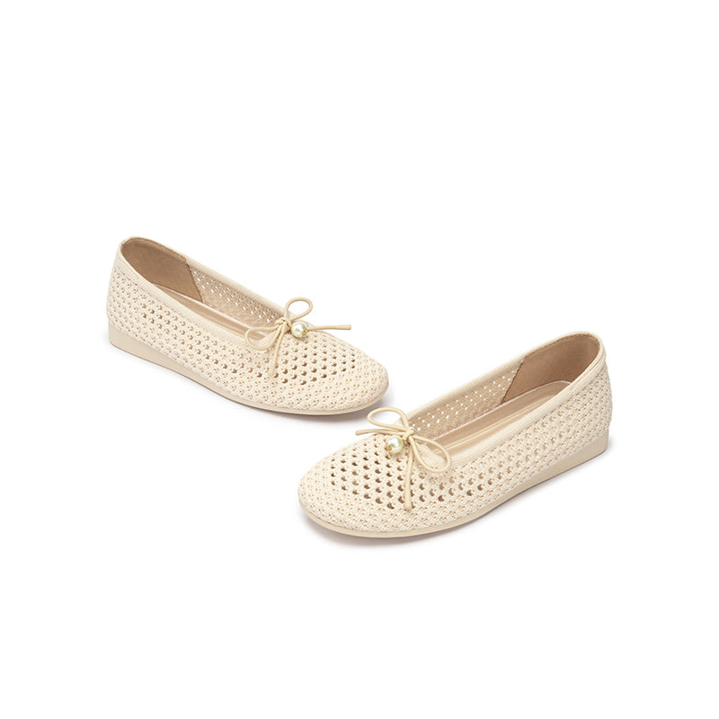 Pearl Bow Heart Mesh Knit Round Toe Wedge Flats – Washable Eco Work Shoes