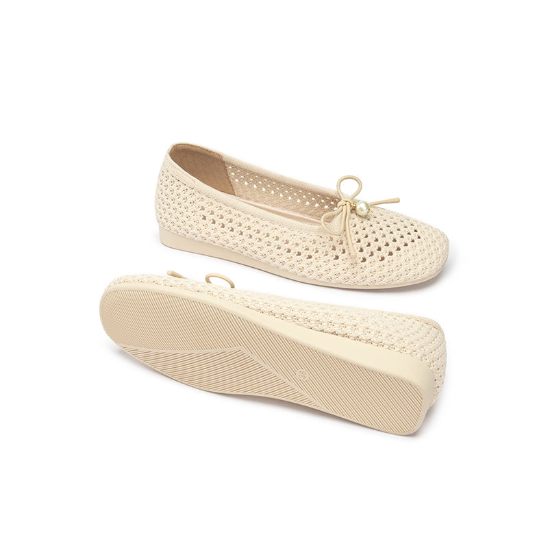 Pearl Bow Heart Mesh Knit Round Toe Wedge Flats – Washable Eco Work Shoes