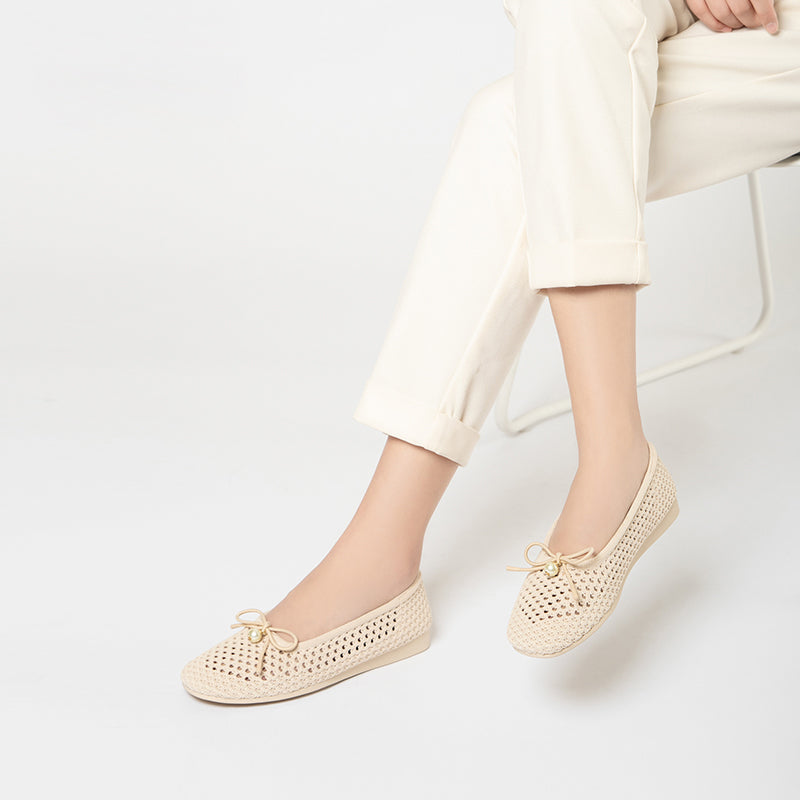Pearl Bow Heart Mesh Knit Round Toe Wedge Flats – Washable Eco Work Shoes