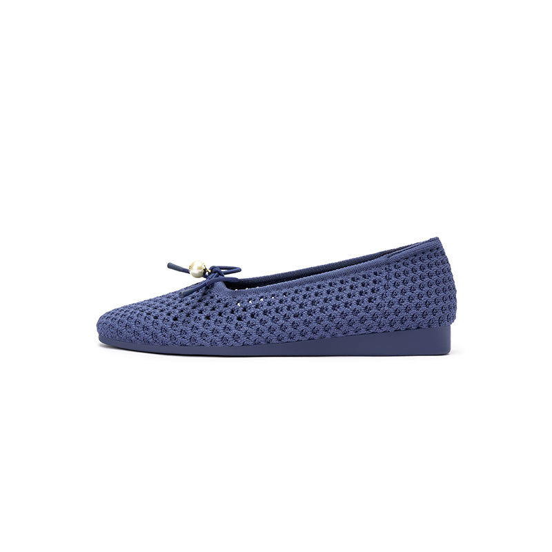 Pearl Bow Heart Mesh Knit Round Toe Wedge Flats – Washable Eco Work Shoes