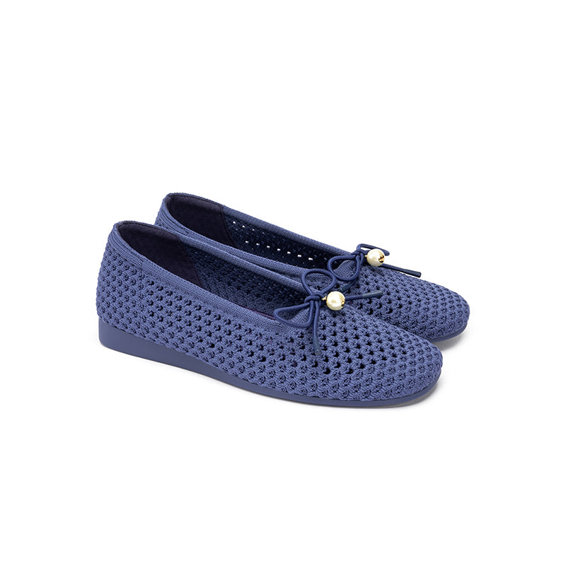 Pearl Bow Heart Mesh Knit Round Toe Wedge Flats – Washable Eco Work Shoes