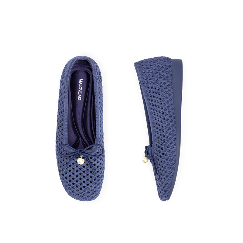 Pearl Bow Heart Mesh Knit Round Toe Wedge Flats – Washable Eco Work Shoes