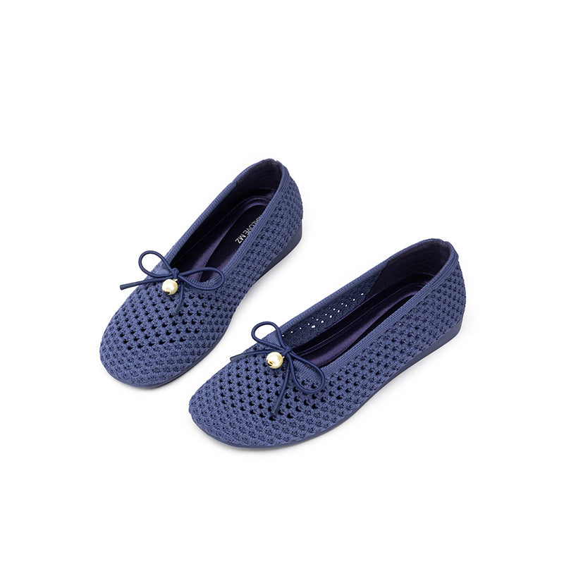 Pearl Bow Heart Mesh Knit Round Toe Wedge Flats – Washable Eco Work Shoes