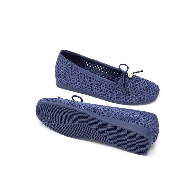 Pearl Bow Heart Mesh Knit Round Toe Wedge Flats – Washable Eco Work Shoes